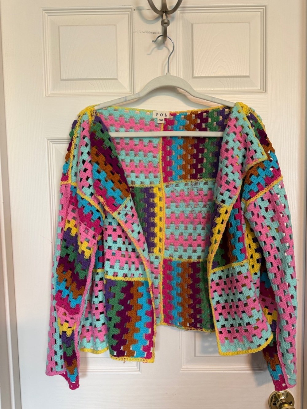 POL Multicolor Crochet Patchwork Cardigan in Pink, Aqua, Yellow & Brown ⭐️NWOT⭐️